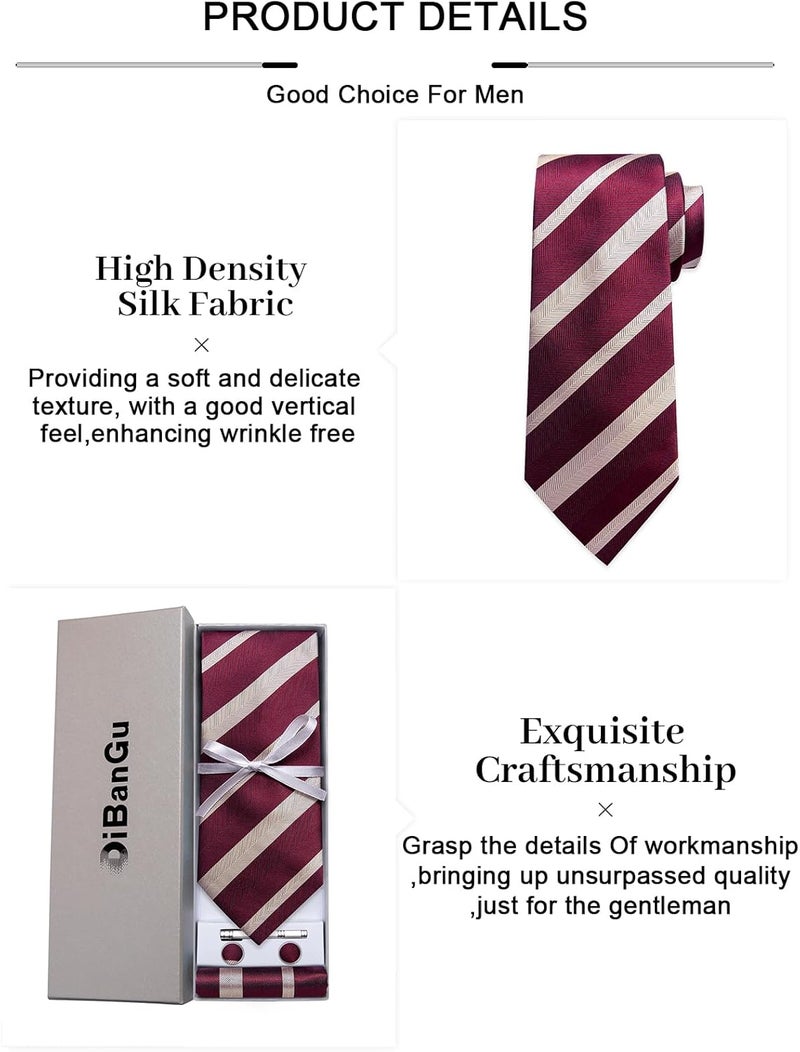 DiBanGu Mens Striped Tie Silk Woven Necktie and Pocket Square Cufflinks Tie Clip Set Wedding Business Formal Gift Tie for Men - Image 4